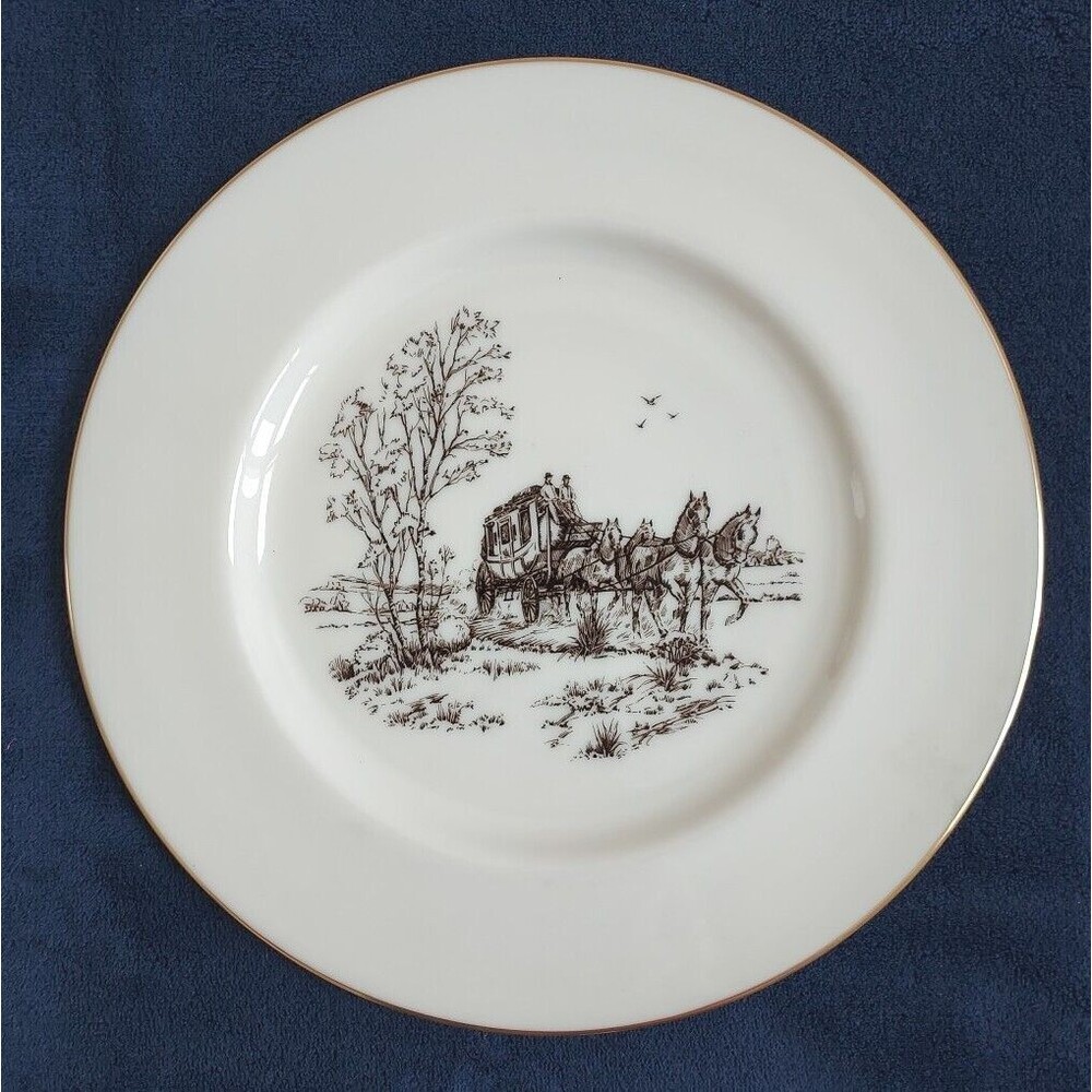 NOS Vintage Lenox Special Stagecoach Gold Trim 10.5" Round Dinner Plates USA